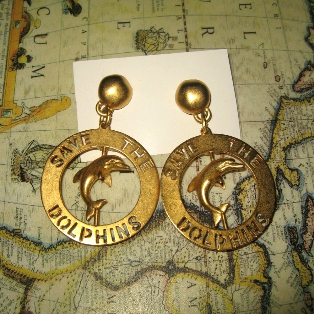 ❤️SAVE the DOLPHINS Dangle Pierced Earrings D TOREM RENCLIF INC Signed